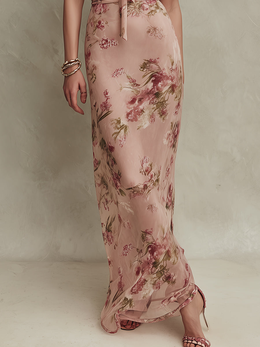 Bethany - Elegantiška gėlėta šifono maxi suknelė su raktų angos iškirpte