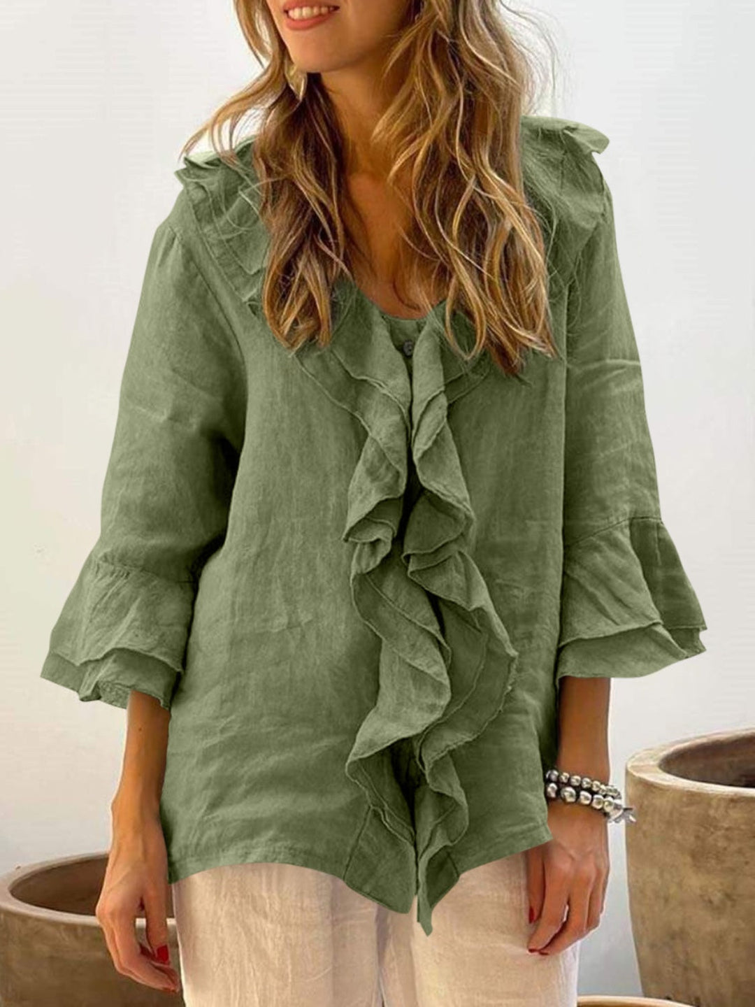AUDREY - Moteriška Chic Bell Sleeve Ruffle Top