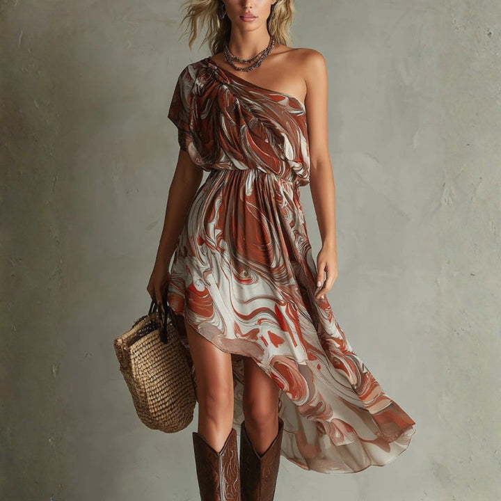 Dawn - Boho Vienos peties Asimetrinė Marmuro Abstrakti Spausdinimo Šifono Midi Suknelė