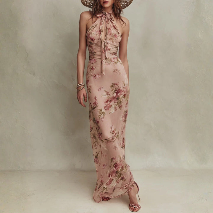 Bethany - Elegantiška gėlėta šifono maxi suknelė su raktų angos iškirpte