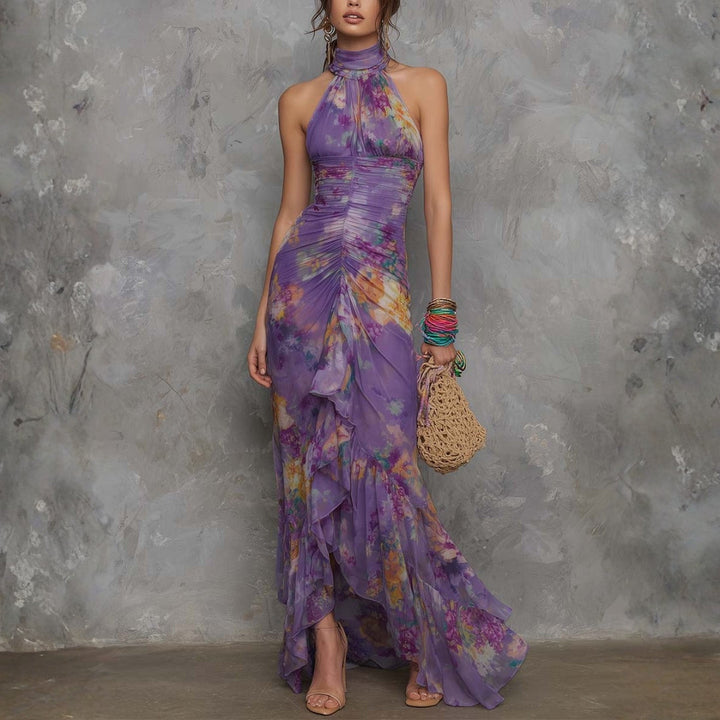 Adalynn - Elegantiška violetinė gėlių šifono halterio maksi suknelė