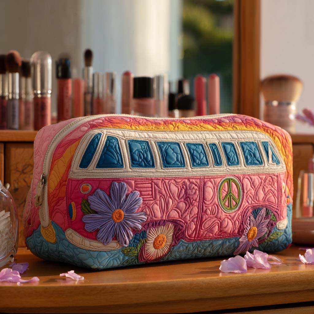 Išsiuvinėta kosmetinė su ramybės kelionės motyvu