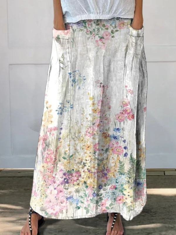 Moteriška vintažinis botaninių gėlių lininė sijonas su elastine juosta ir kišenėmis
