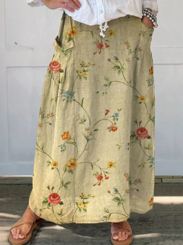 Moteriška Retro Elegantiška Gėlių Meninė Linas Elastinga Juosmens Kišeninė Sijonas