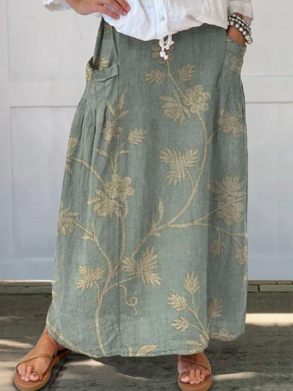 Moteriška Retro Elegantiška Gėlių Meninė Linas Elastinga Juosmens Kišeninė Sijonas