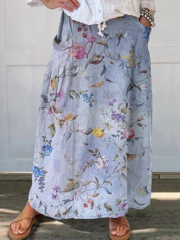 Elegantiška Vintažinis Mėlyna Spausdinta Moteriška Lino Kišeninė Sijonas