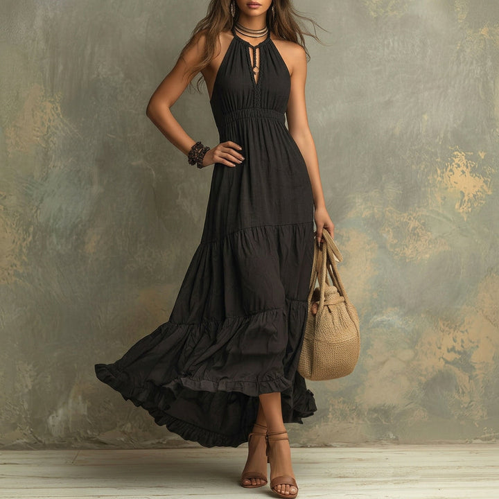 Katė - Juoda Bohemiška Maxi Suknelė su Aukštu Kaklu ir Ruffle