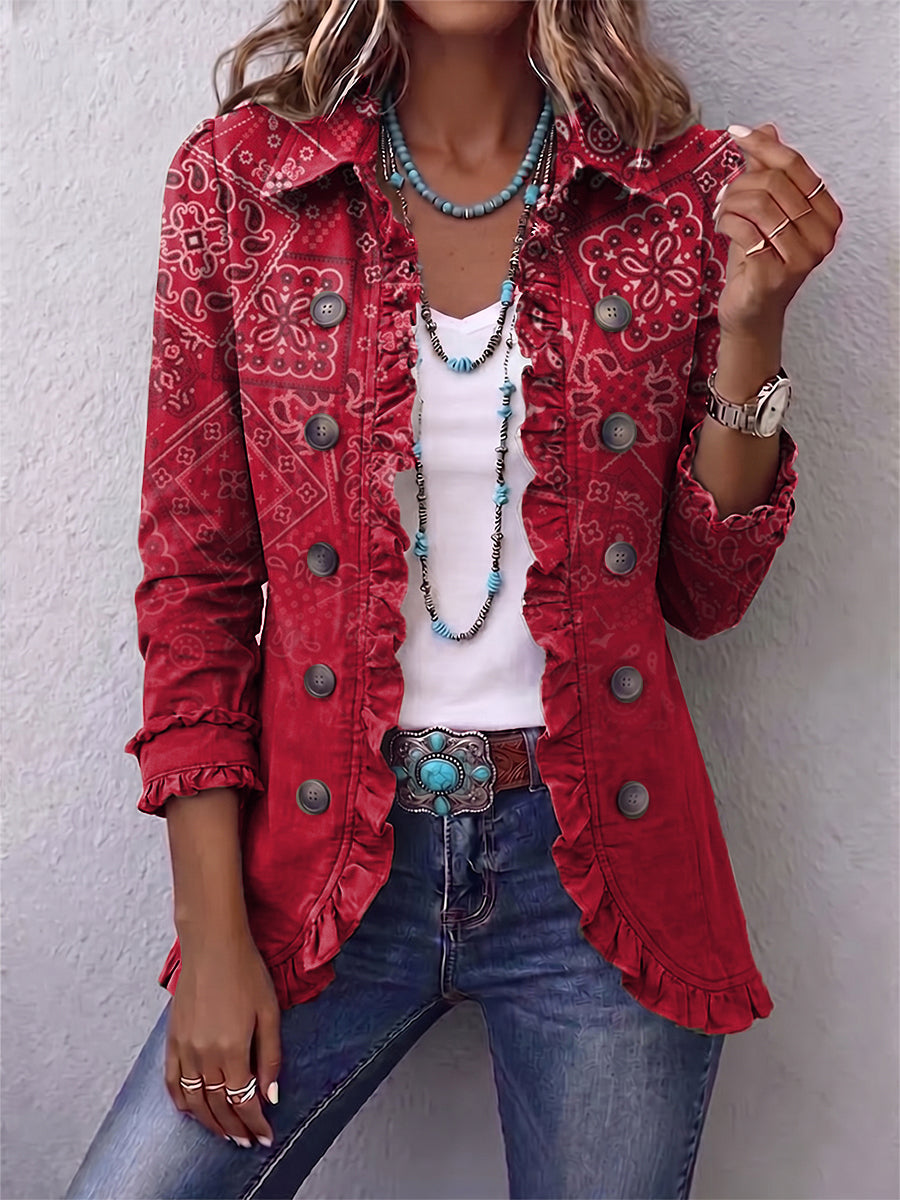 Riley | Bohemiškas Paisley Ombre Raštas Ruffles Švarkas