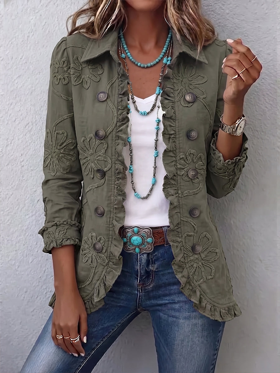 Olivia | Boho-Chic Gėlėmis Siuvinėta Naudinga Ruffles Apdailos Striukė